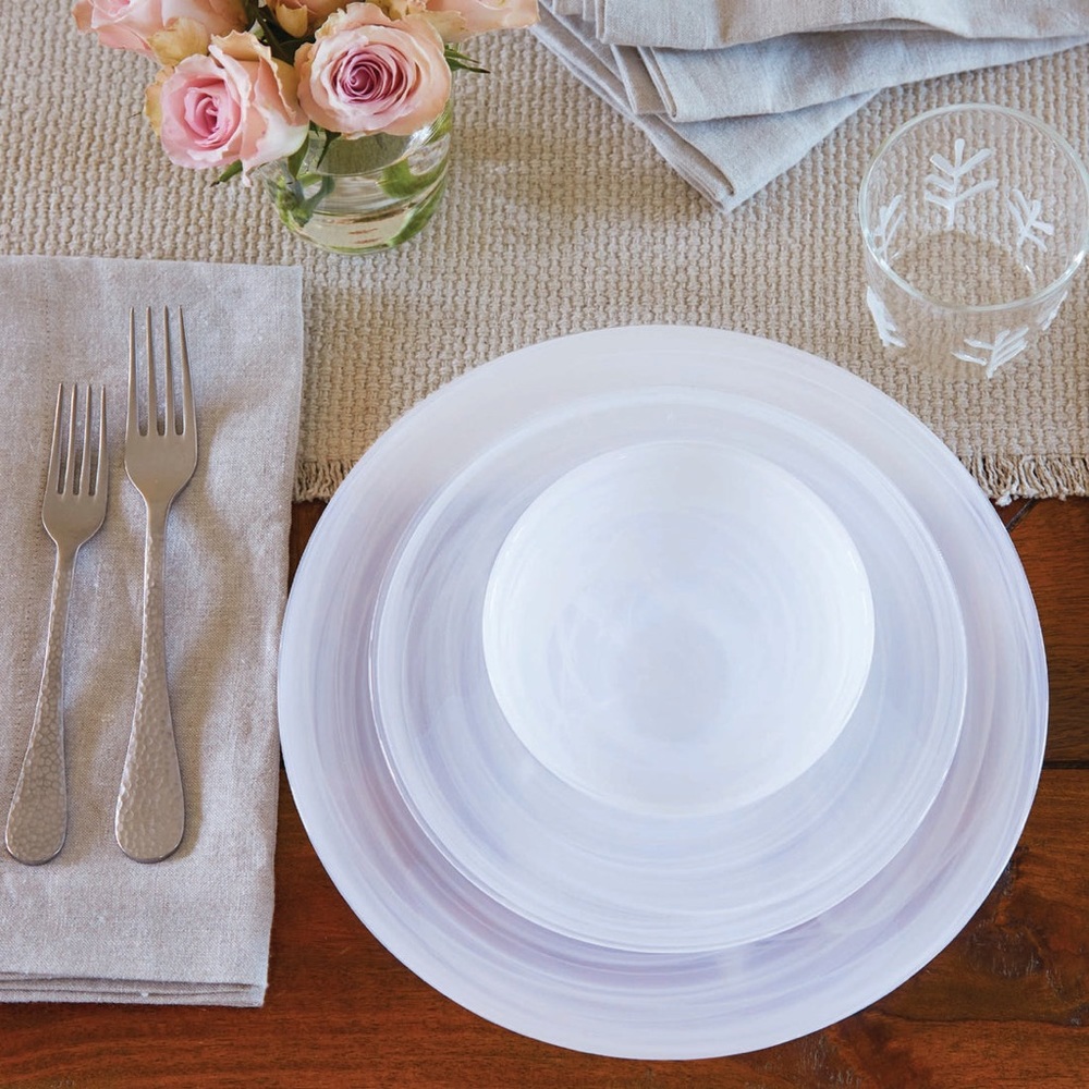 Mariposa white alabaster dinner plate.  New.  Never used.  Three available.